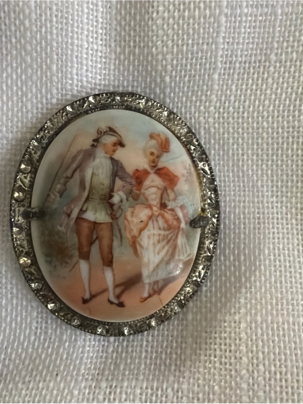 Vintage Porcelain Romantic Couple Calonial  Scraf Brooch in Peach and White